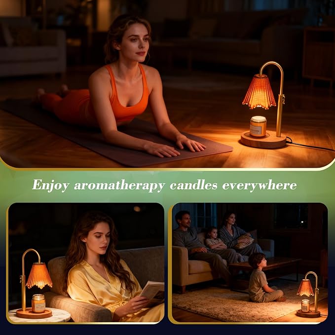 Candle Warmer Lamp with Adjustable Height - Flameless 4-Level Dimmable Wax Warmer with Colorful Glass Shade & Wooden Base, Timer Function & Stylish Design in Multiple Colors (Brown2)