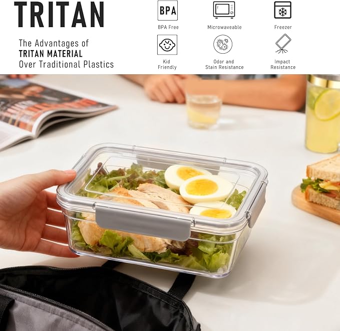 2.8L Tritan Plastic Food Storage Containers, Airtight Tritan Plastic Locking for Fridge Freezer, Meal Prep, Deli Meat, Snacks, 8 Containers with Lids, 16 pieces, Extra Large, Clear