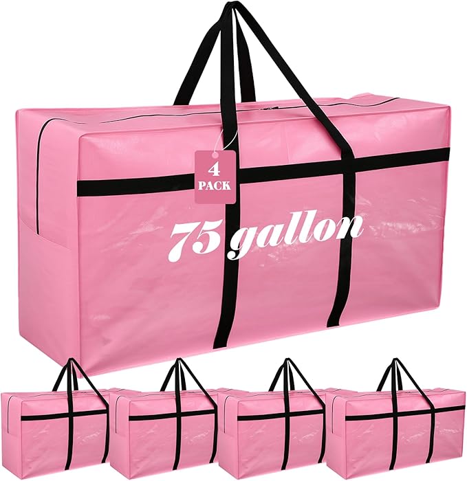 Windyun 4 Pack 75 Gallon Extra Large Moving Bags XXL Heavy Duty Storage Bag with Strong Zipper Handle Jumbo Big Tote Box Foldable for College Dorm Travel Clothes Duffle Blanket Pillow(Pink)