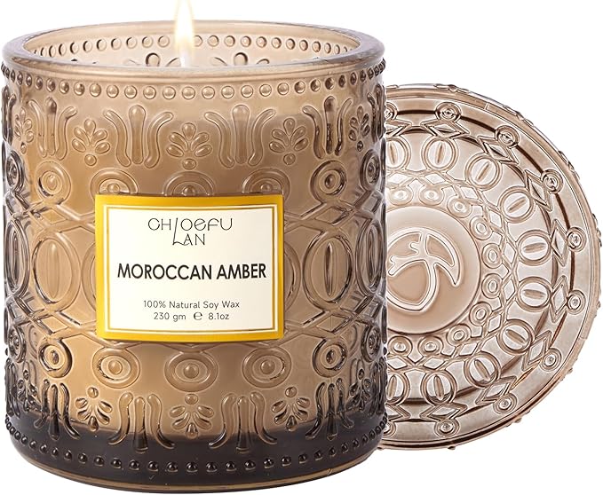 Chloefu LAN Amber Candles for Home Scented, Gifts for Women & Men, Luxury Glass Jar Candle, Natural Soy Wax, Home Decor, 55 Hours Long Burning, 8.1 oz