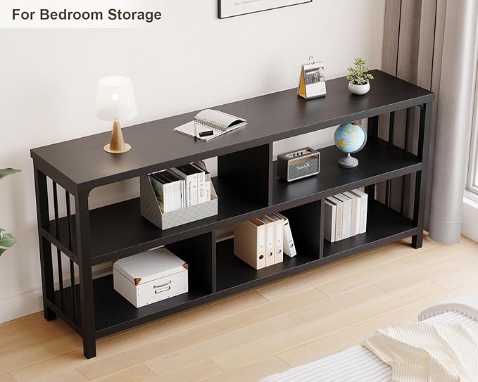 IBF 63” Black Bookshelf, Industrial Long Open Horizontal Cube Book Shelf, Low Wide Home 5 Cube Storage Organizer Shelf for Bedroom, Wood and Metal Cubby Bookcase for Living Room, Black Oak, 63 Inch