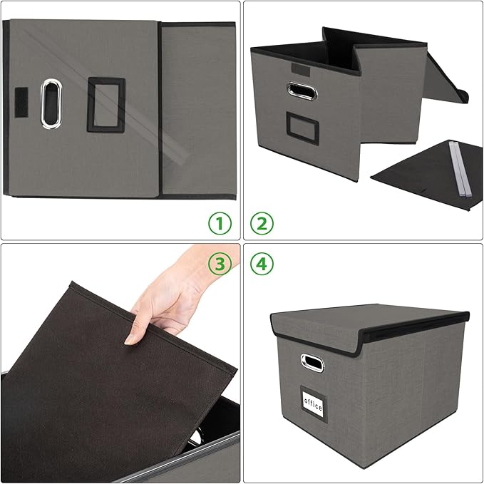 Huolewa File Organizer Box with Lid, Collapsible File Folder Organizer for Office Document Storage, Filing Box with Plastic Slide for Letter Size Hanging File Folders(1 Pack, Smoky Grey)