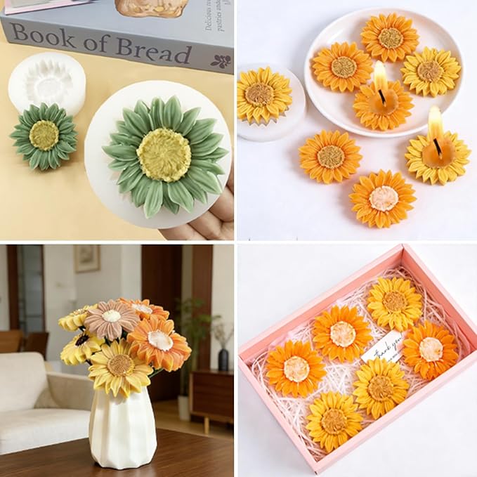 6PCS Sunflower Flower Silicone Candle Mold, Moldes para Velas,3D Flower Fondant Chocolate Cake Cupcake Topper Decoration Silicone Mold for Candles,Handmade Soaps,Bath Bombs,Lotion Bars,Resin Crafts