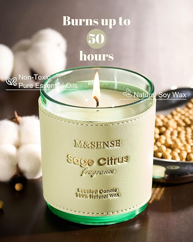 M&SENSE Sage Citrus Vegan Soy Candles, Non Toxic 10oz 42-Hour Long Burning, Winter Aromatherapy Candle for Home Air Purifying, Housewarming New Year Gifts