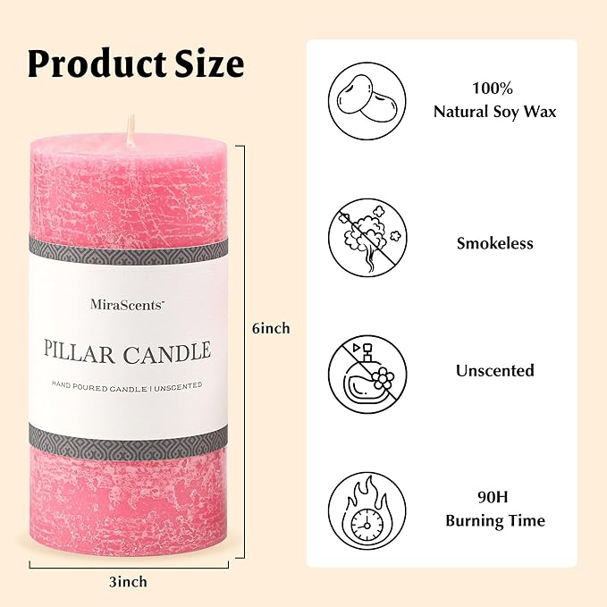 3x6 Inch Pink Pillar Candles Set of 3 - Hand-Poured Unscented Candles, Long Clean Burning, Smokeless Dripless Candle for Dinner Table, Home, Bathroom, Wedding, Valentines Day Decor
