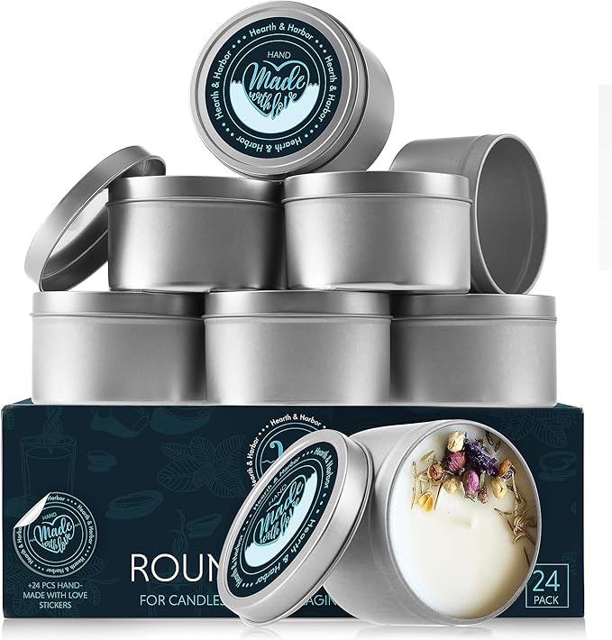 Hearth & Harbor 30 lbs. Soy Candle Wax with Supplies, 8 oz. 60 Pack Tin Jars with Lids, Cotton Candle Wicks, Wick Stickers and Centering Devices - Soy Wax Flakes with Containers for Candle Making