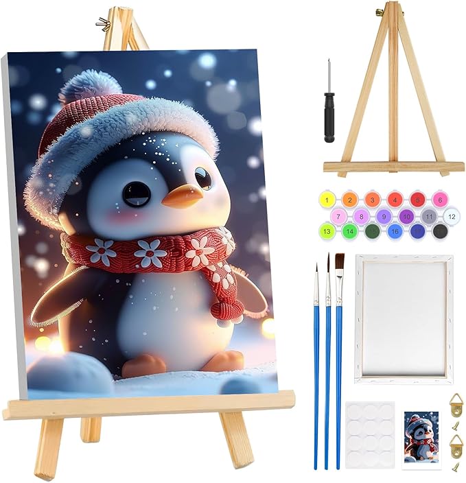 MOGTAA Christmas Paint by Numbers Kit for Adults Beginners with Frame, Penguin Adult Paint by Number Kits on Canvas with Easel, Easy DIY Winter Oil Painting Kits for Home Decor, 8x12in