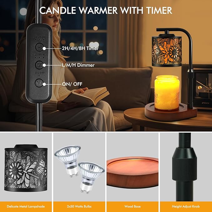 Candle Warmer Lamp with Timer & Dimmer- Electric Wax Melt Warmer with Adjustable Height for Scented Candles, Home Décor Fragrance and House Warming Birthday Gifts for Women Mom