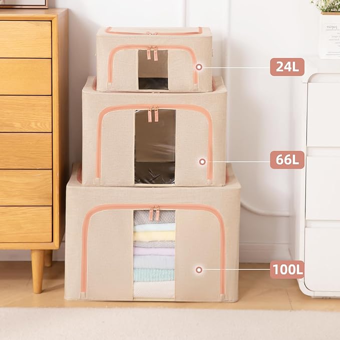 GuliPostan 24L Stackable Clothes Storage Bins with Metal Frame Handles & Zipper, Collapsible Closet Organizer Box with Lid for Bedding Blankets Towel (Beige,1 pack)