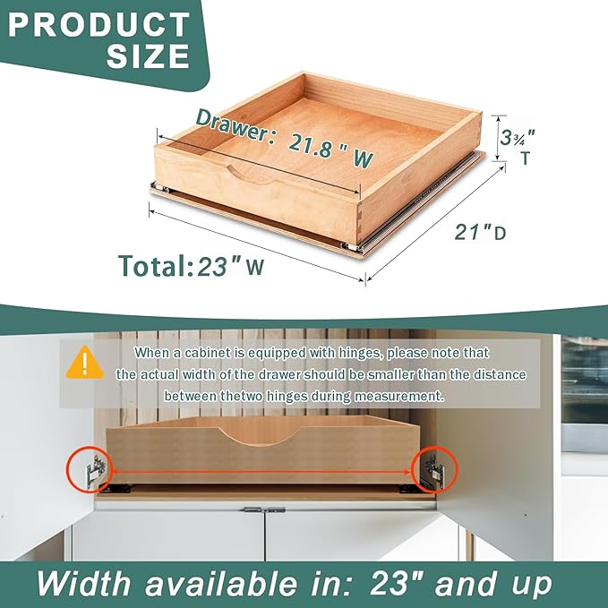 Pull Out Drawers for Kitchen Cabinets, Fully Assembled Wood Cabinet Pull Out Drawer, Pull Out Cabinet Organizer, Fast and Easy DIY Installation, 23”W x 21”D