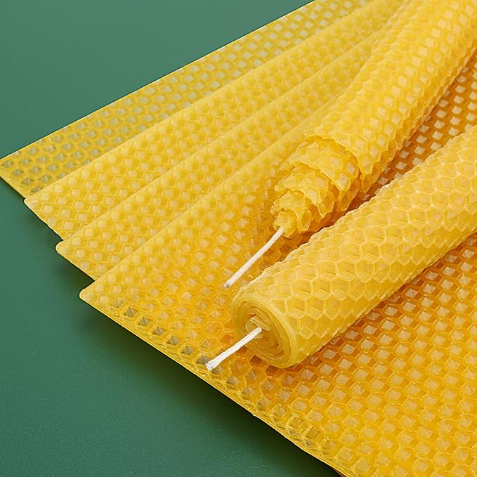 Beeswax Sheets for Candle Making, 30Pcs DIY Beeswax Candles Rolling Kit for Kids & Adults, Natural Honeycomb Sheets (8 x 8 Inch) with Cotton Wick, Bee Ornaments, Lace Ribbon and Hemp Rope