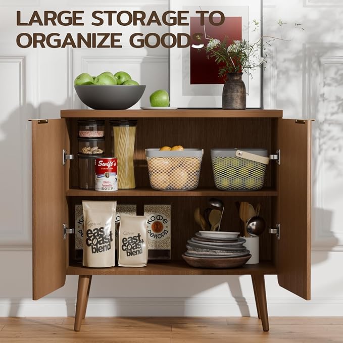 Sideboard Buffet Cabinet with Storage, Modern Fluted Accent Credenza with 2 Doors, Buffet Media Console Entryway Cabinets with Adjustable Shelves for Living Room Dining Room Hallway, Walnut