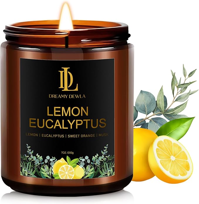 Lemon Eucalyptus Scented Candle, Soy Candles for Home Scented, Amber Jar Candles Gifts for Men Women, 7oz