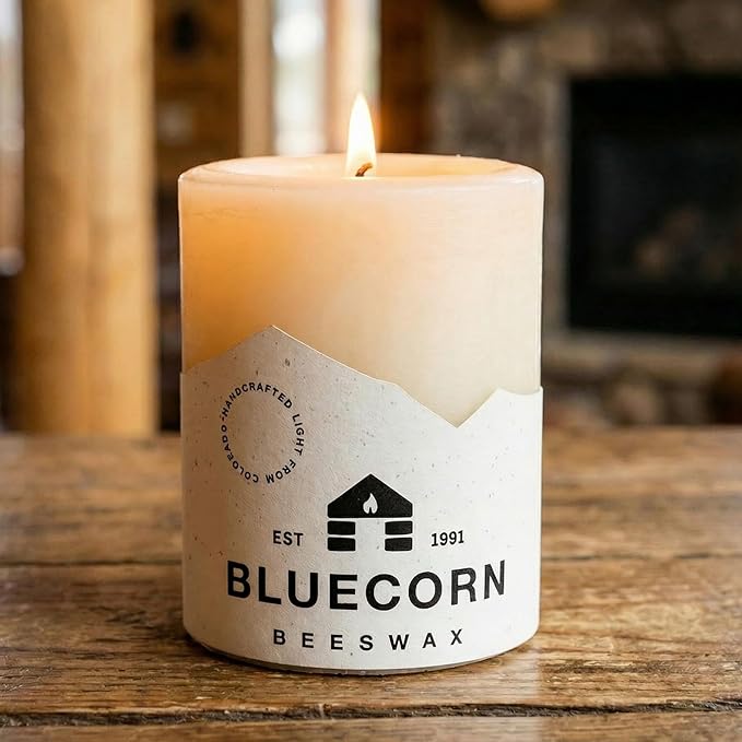 Bluecorn Beeswax 100% Pure Beeswax Pillar Candles | Ivory White 3x4 Pillar Candle Set | Non Toxic, Unscented, Clean Burning | Cotton Wick, Dripless, 60 Hr Long Burning | Handmade in USA | 6 Pack