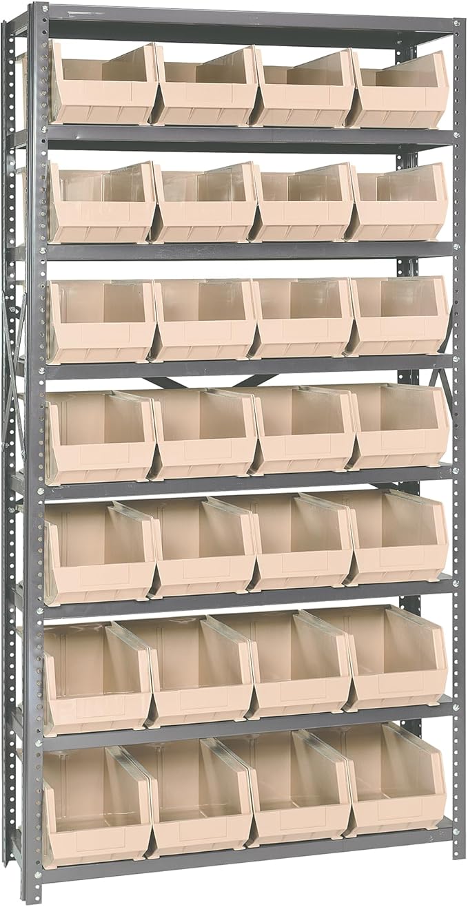 Quantum Storage Systems QSBU-240IV Giant Open Hopper Steel Shelving System, 12" D x 36" W x 75" H, with 8 Shelves and 28 QU240 Bins, Ivory
