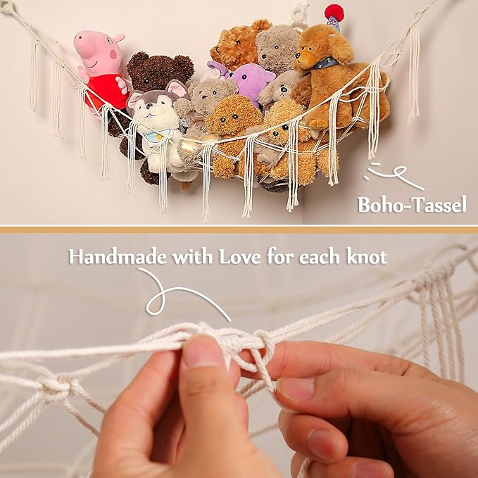 YKBU Stuffed Animals Hammock Corner Hanging Net Macrame Stuffed Animal Storage Plush Toy Holder Toy Organizer for Boho Nursery Playroom Bedroom Kids Room (cream, M)