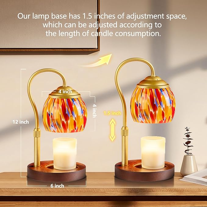 Red Opal art Glass Candle Warmer Lamp with Wood Base - Height Adjustable, 2/4/8H Timer, 4-Level Dimmer - Includes 2 GU10 Bulbs - Festive Winter Holiday Decor & Gifts for Women, Fits Candles up to 5"