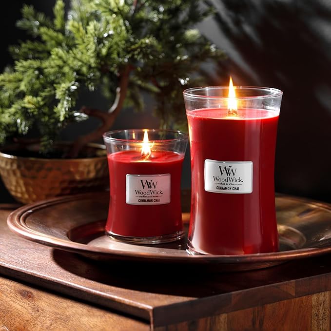 WoodWick Cinnamon Chai Holiday Candle Gifts for Women and Men, 21.5 oz Large Hourglass Candle with Crackling Wick