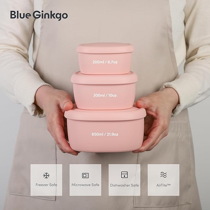 BLUE GINKGO Nesting Silicone Containers - Set of 3 Hard-Shell Silicone Food Storage Containers | BPA Free, Airtight, Dishwasher and Freezer Safe (6.7oz, 10oz, 20oz) - Pink
