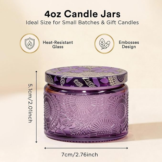 LumaCraft Luxury Embossed Glass Candle Jars for Making Candles - 12 Pack Empty Candle Containers with Airtight Metal Lids, 20 Wicks & 20 Stickers, Colored Glass Jars for Gifts & Decor-4OZ