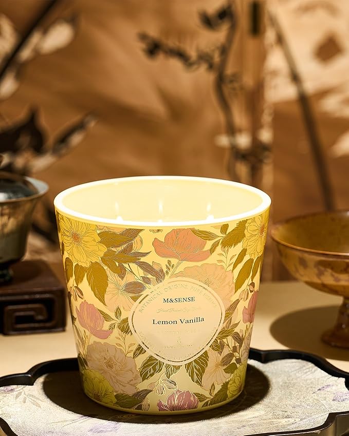 M&SENSE Lemon Vanilla Scented Candle, 28.2oz 3 Wick Natural Soy Wax Large Candles, Long Lasting Clean Slow Burning No Toxic Décor for Home Relaxation, Romantic Dates & Gift-Giving