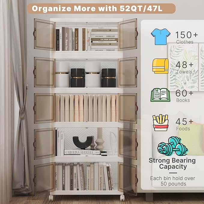 Stackable Storage Bins with Lids 240QT-48QT*5Pack Folding Storage box with Doors and Wheels, Collapsible Plastic Bins Stackable Organizer and Containers for Home, Garage, Office