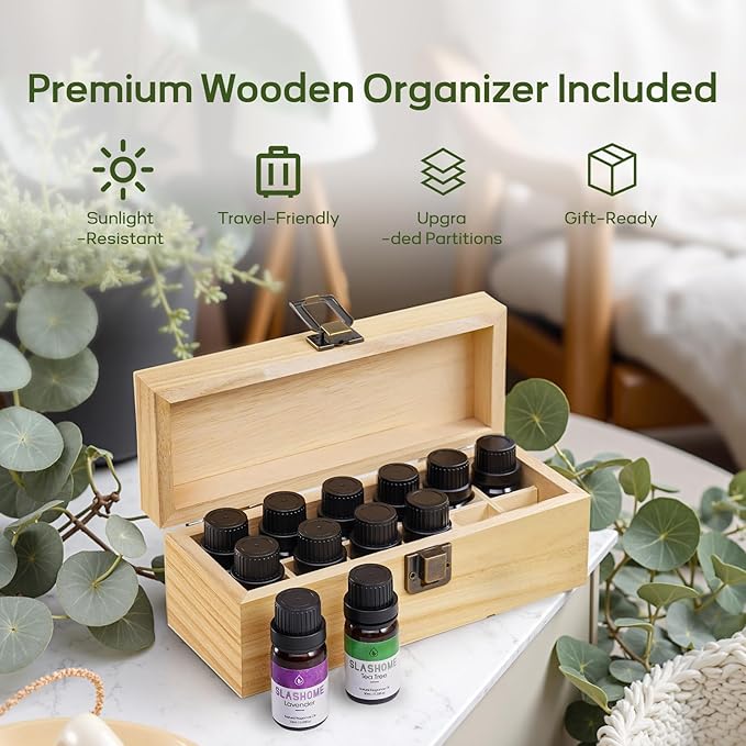 Essential Oils for Diffusers for Home - 12x10ml, for Candle Making, Natural Scented Oils for Diffuser, Humidifier, Spa & Gifts with Wood Box - Lavender, Peppermint, Sweet Orange, Tea Tree &More