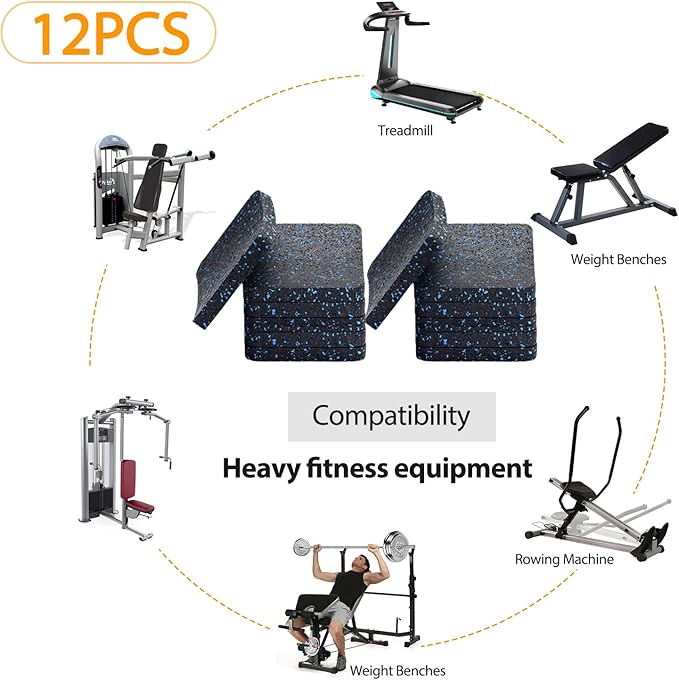 Treadmill Mat Pads - 12 PCS Bulk Pack High Density Rubber Squares for Multiple Exercise Equipment - Anti-Vibration Noise Dampening Pads for Rower, Stationary Bike, Weight Bench
