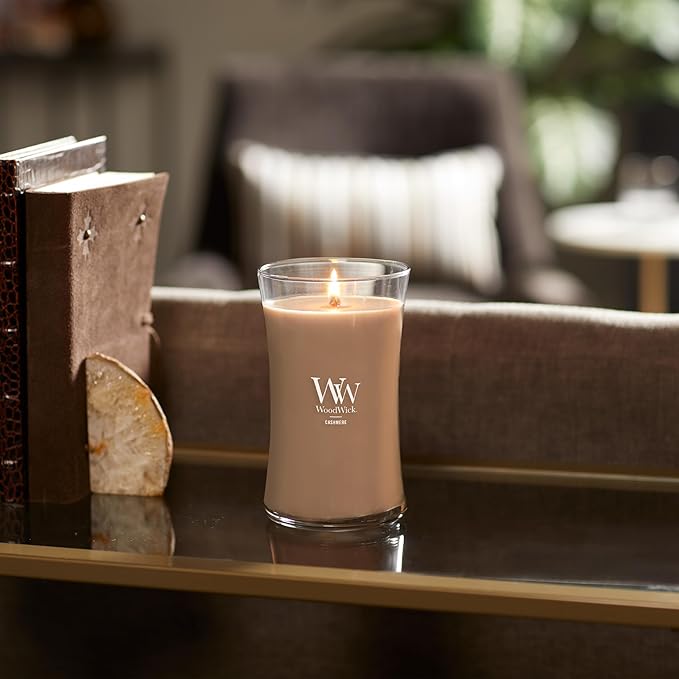 WoodWick Cashmere Holiday Candle Gifts for Women and Men, 21.5 oz Large Hourglass Candle with Crackling Wick