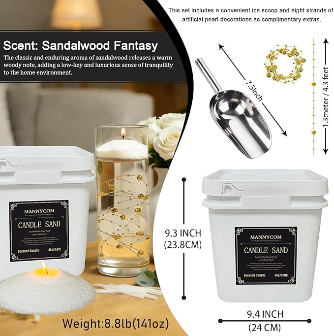 8.8 lb Pearled DIY Candles with 150 Wicks - Snowy Sandalwood Haze Scented Sand Wax with Stirring Spoon Ice Scoop for Refillable Candle Making Family Daily
