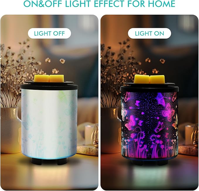 Electric Wax Melt Warmer with Timer (2/4/8H), 7-Color Changing LED Night Light, Removable Silicone Dish, PTC Safe Heating - 3D Glass Design for Home, Office Décor, Gifts for Mom
