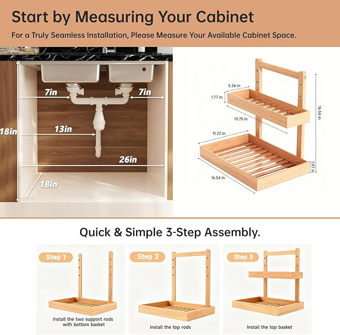 2-Tier Under Sink Pull Out Organizer, Bamboo Cabinet Storage Shelf with Adjustable Height, Slide Out for Kitchen Bathroom Pantry Cabinet