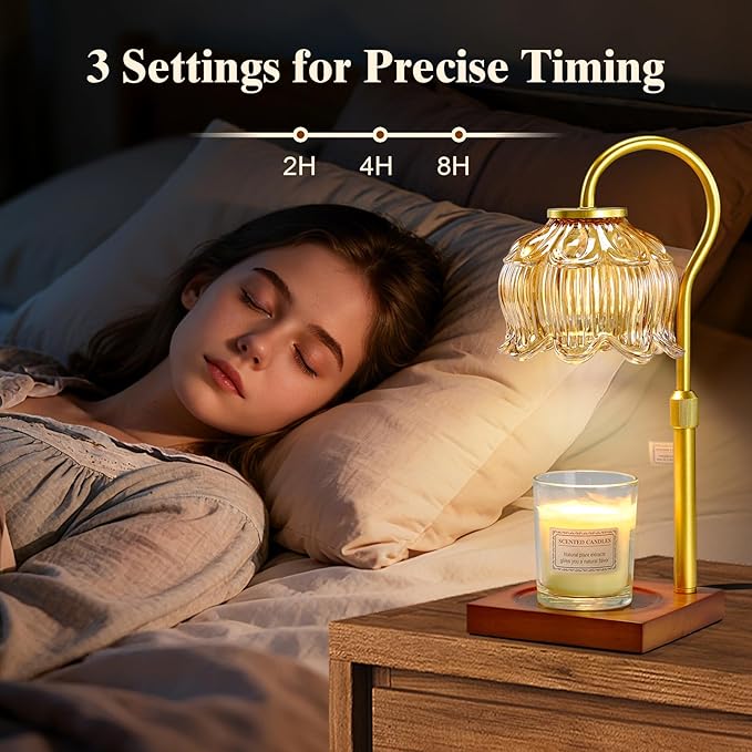 Shevvi Candle Warmer Lamp with Timer, Dimmable Candle Warmer for Jar Candles, Gifts for Women Mom, Height Adjustable Wax Melt Warmer, House Warming Birthday Gift, New Home Decor, Walnut Gold