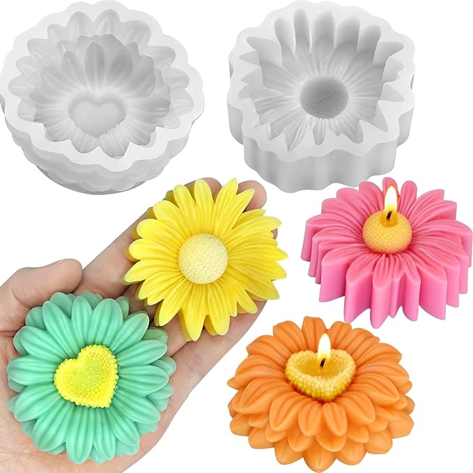 2Pcs Flower Candle Molds, Heavyweight Daisy Candle Molds, Sunflower Silicone Mold for Epoxy Resin, Candles Making, Soap, and Wax Crafts DIY Home Decor, Party Favors and Mom Gift