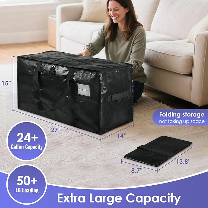 SINLAND 4 Pack Extra Large Heavy Duty Moving Bags with Strong Zippers, Reinforced Handles and Tag Pocket, Packing Totes Supplies for College Dorm Room, Packing Bags for Saving Space (Black)