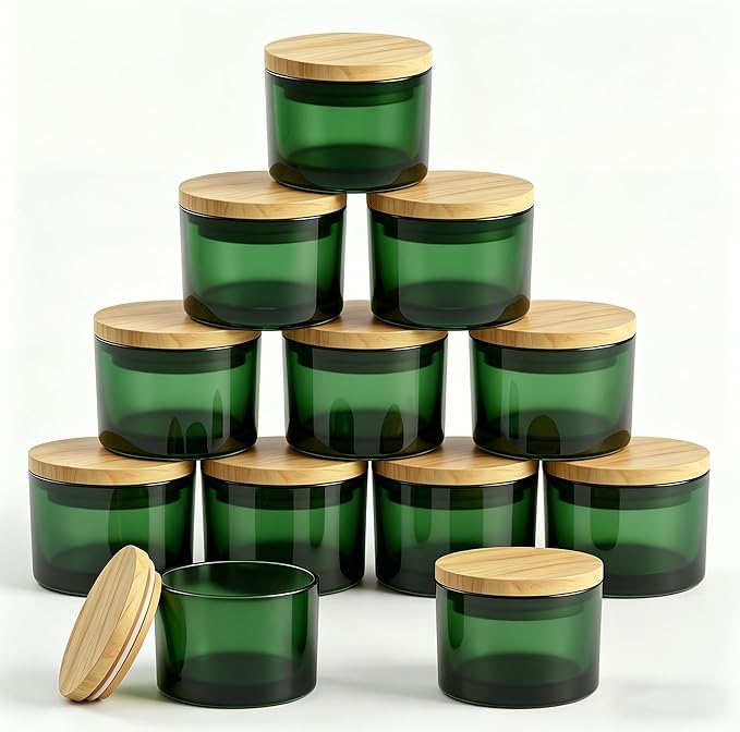 GLATABAM 4 OZ Candle Jars 12 Pack - Bulk Glass Candle Making Jars with Bamboo Lids & Labels, Heat Resistant Empty Reusable Candle Vessel for Containers(Green)