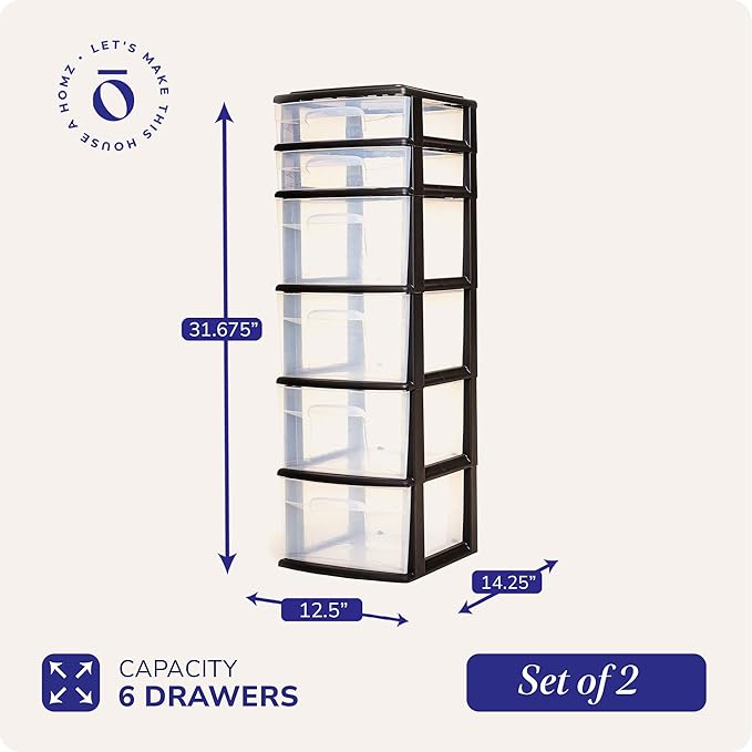 HOMZ 2-Pack Drawer Tower, 6-Tier Clear Plastic Storage Organizer Cart, Black Frame - Organizing Containers for Home, Office, Bathroom, Bedroom, and Classroom