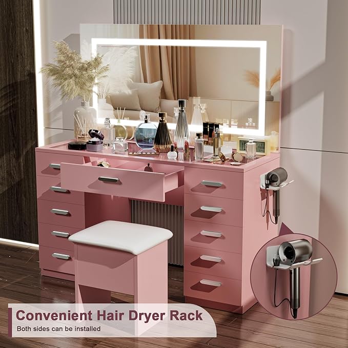 Vanity Desk with Mirror and Lights, 50" Makeup Vanity with Glass Top & Power Outlet, White Vanity with 11 Drawers & 8 Hidden Storage Shelves, 3 LED Lighting Modes Adjustable for Bedroom (PINK)