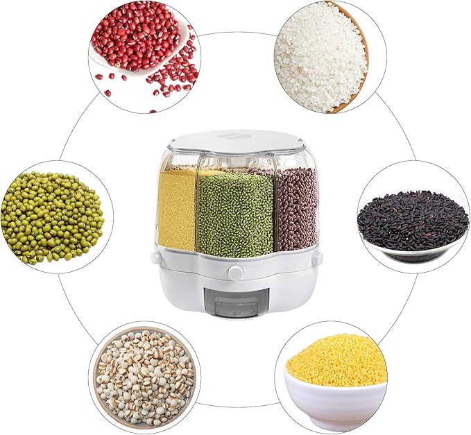 Rotating Grain Dispenser, Round Multigrain Tank Cup 6-Compartment Rice and Bean Dispenser, 17.64lb Cereal Grain Dispenser for Store Rice, Red Beans, Yellow Beans, Black Beans