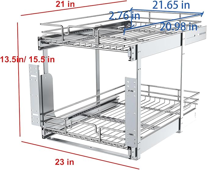 2 Tier Pull Out Cabinet Organizer, 23" W x 21" D Heavy-Duty Metal Sliding Drawer Shelf for Kitchen Cabinets, Chrome, Doesn't Include Door Fittings