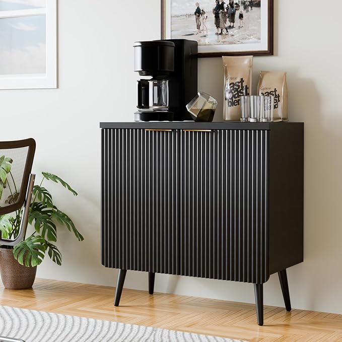 Sideboard Buffet Cabinet with Storage, Modern Fluted Accent Credenza with 2 Doors, Buffet Media Console Entryway Cabinets with Adjustable Shelves for Living Room Dining Room Hallway, Black