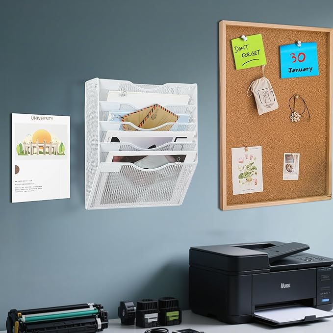 LEKETREE Hanging Wall File Organizer with Office Assorted, 5 Pockets Mesh Wall Mounted File Folder Holder for Mail, Paper, Document, Binder, Magazine, Menu (White)