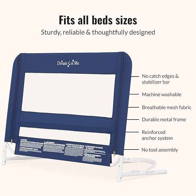 Dream On Me Lightweight Mesh Security Adjustable Bed Rail for Toddler, Breathable Mesh Fabric, Suitable for All Types of Beds, Reinforced Anchor System Bed Guard Rail, Navy
