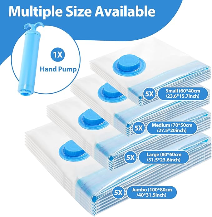 Vacuum Seal Bags for clothing - 20 Pack Vacuum Storage Bags for Travel (5 Jumbo/5 L /5 M /5 S), Space Saver with hand pump, Vacuum Sealed Bags for Luggage Clothes Blankets Bedding