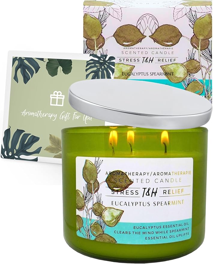 Eucalyptus Spearmint 3-Wick Soy Candle | 80 Hour Burn | 15.8 oz Aromatherapy Scented Candle for Home | Fresh Herbal Spa Scent | Gift Ready