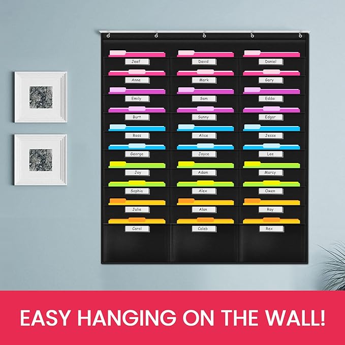 Godery School Pocket Chart, 30 Signatory Pocket, Heavy Duty Hanging File Folders Pocket Chart Cascading Organizer & 5 Hangers Hooks, Perfect for Classroom, School, Office or Home Use