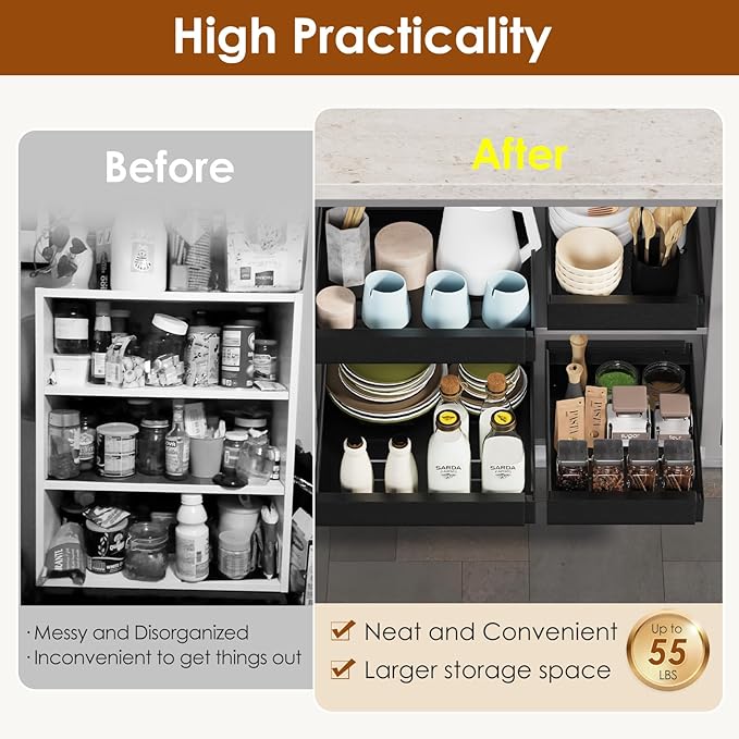 1 Pack Expandable Pull Out Cabinet Organizer 16.5" Deep, Adjustable Width 12.6"-20.5", No Drill Adhesive with Triple Track Rails, Heavy Duty Slide Out Drawers for Kitchen,Pantry,Cabinets,Black
