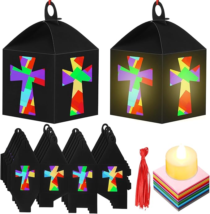 Simgoing 12 Sets Religious Cross Crafts with LED Candle Light DIY Christian Cross Lantern Tissue Paper Kits Religious Hanging Ornament for Church Sunday School Vbs Activities