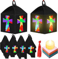 Simgoing 12 Sets Religious Cross Crafts with LED Candle Light DIY Christian Cross Lantern Tissue Paper Kits Religious Hanging Ornament for Church Sunday School Vbs Activities