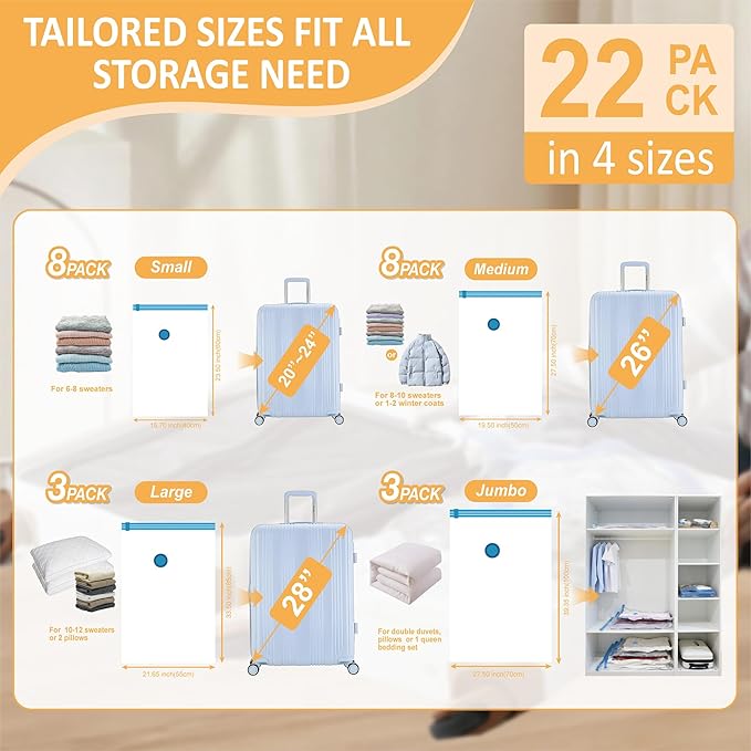 Cozy Essential Travel Vacuum Storage Bags with Rechargeable Cordless USB Pump, Space Saver Bags for Luggage, Suitcase, Carry-On, for Clothes, Blankets, Bedding & Seasonal Storage,22 Combo